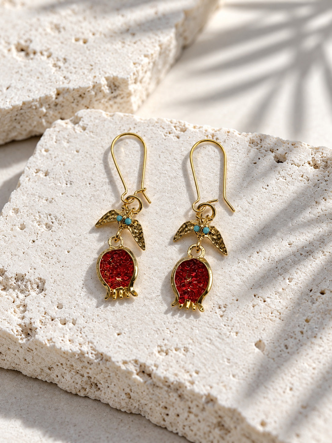 Red pomegranate and turquoise gold-tone drop earrings