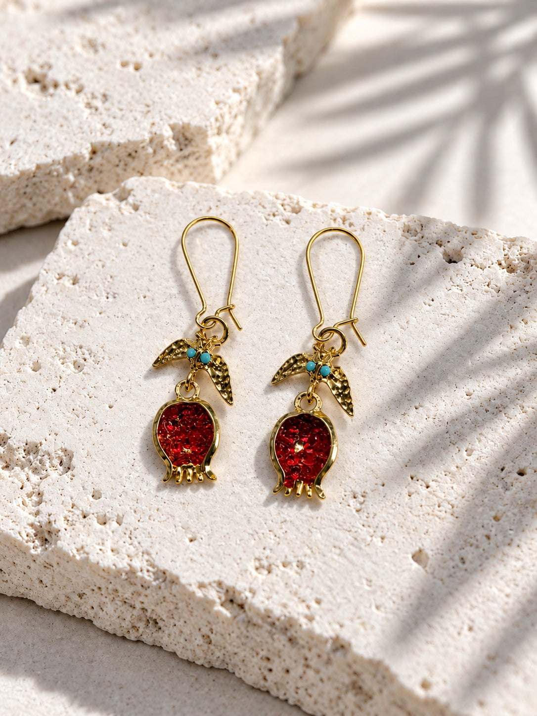 Red pomegranate and turquoise gold-tone drop earrings