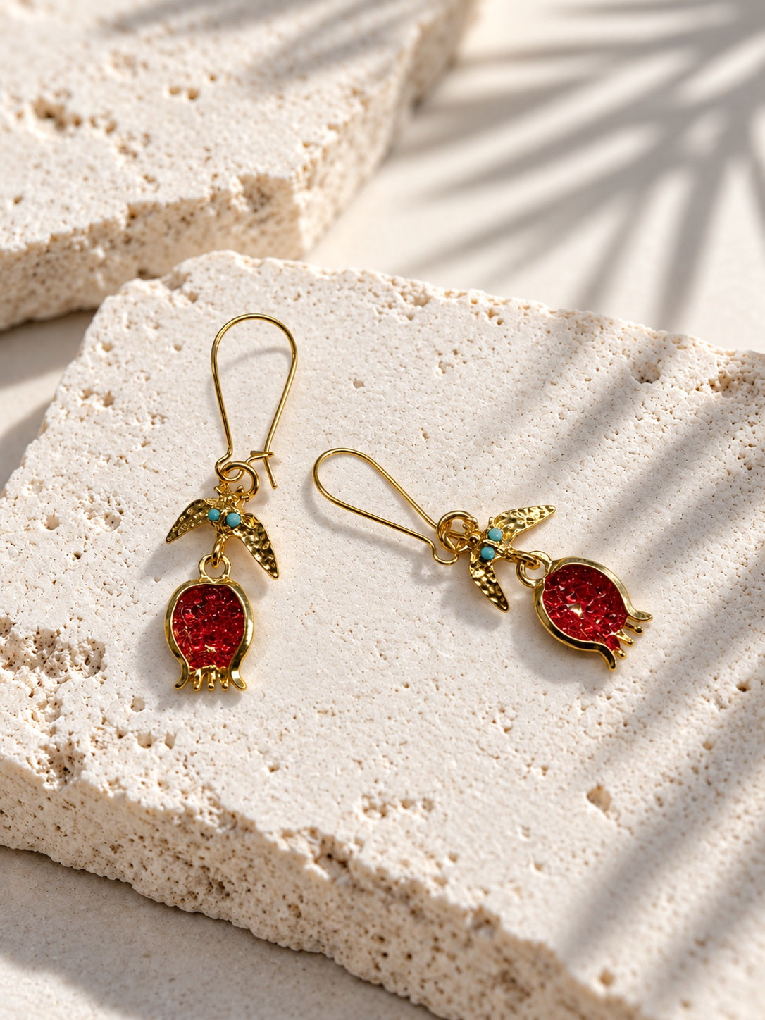 Red pomegranate and turquoise gold-tone drop earrings