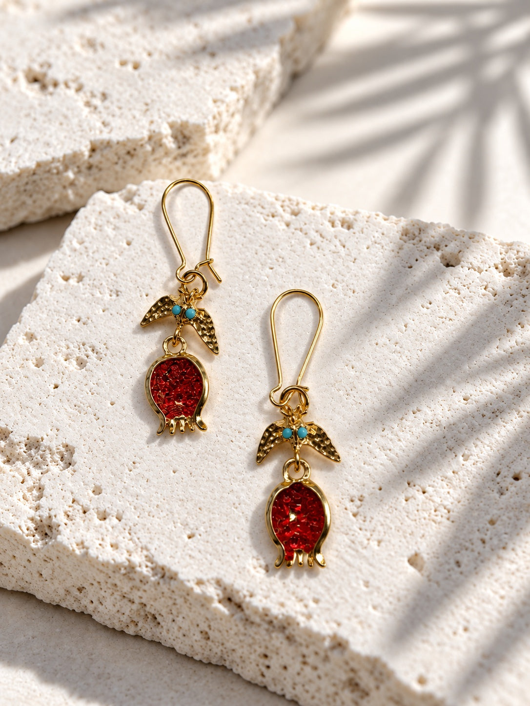 Red pomegranate and turquoise gold-tone drop earrings