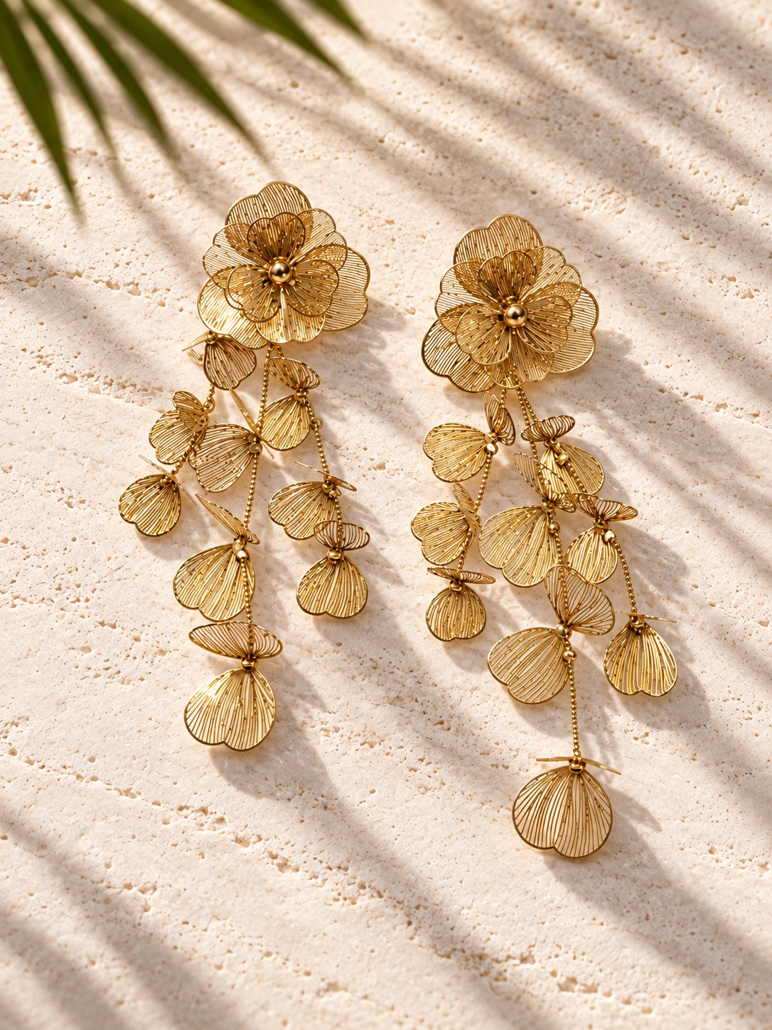 Gold-tone floral leaf drop earrings
