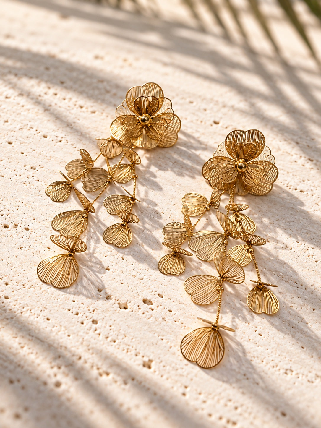 Gold-tone floral leaf drop earrings