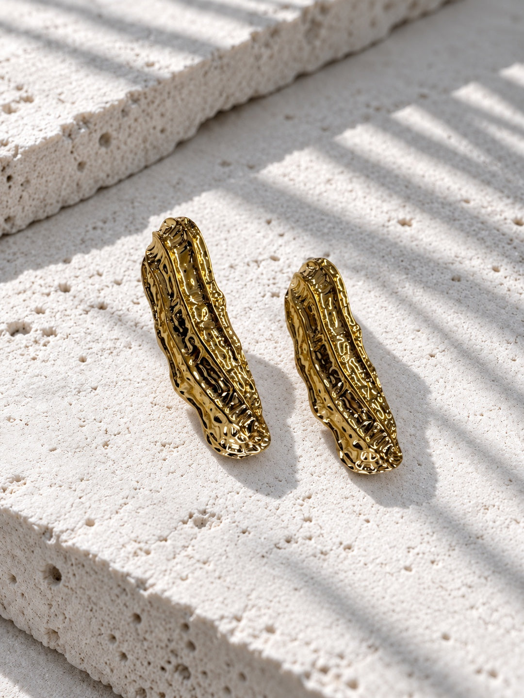 Peanut shell gold plated textured statement earrings - view 1
