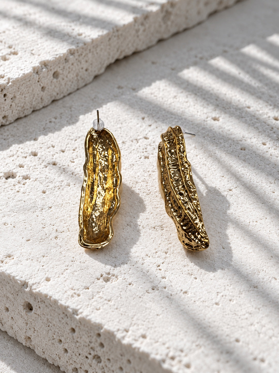 Peanut shell gold plated textured statement earrings - view 2