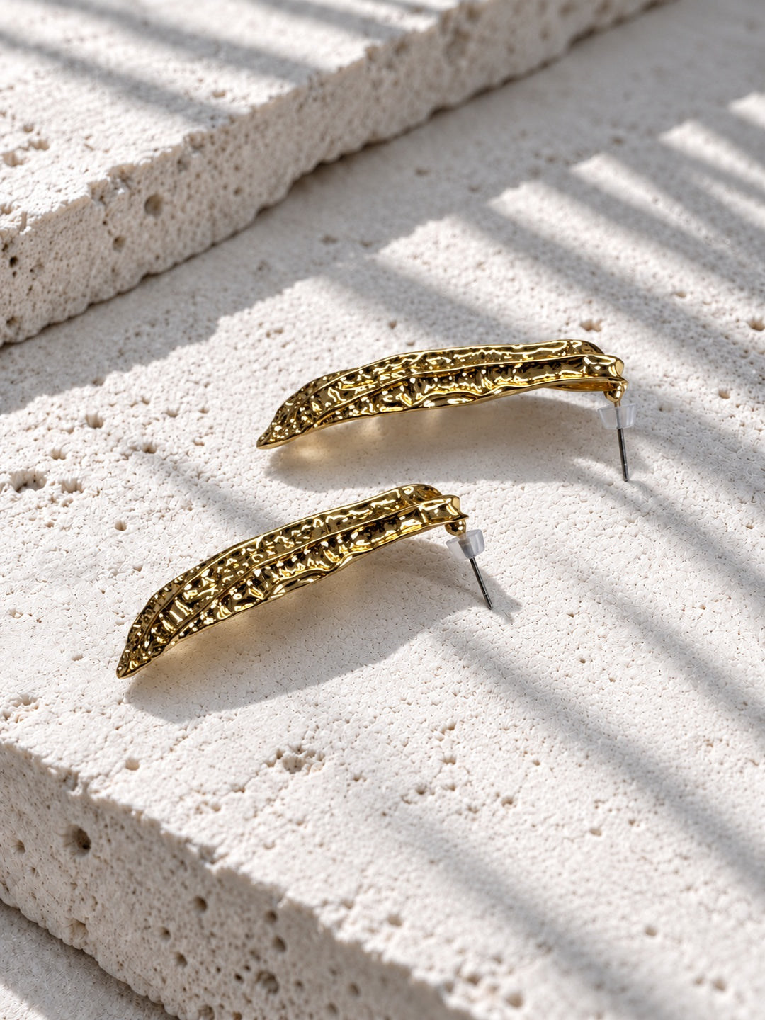 Peanut shell gold plated textured statement earrings - view 3
