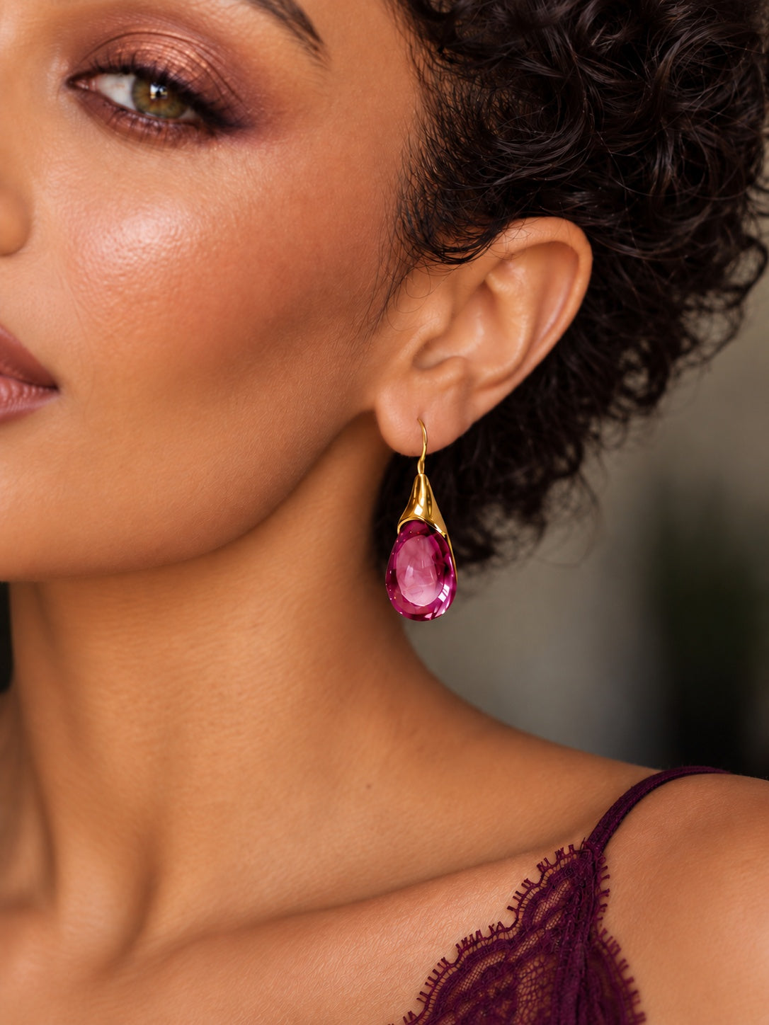 Niska rose pink teardrop earrings worn by model