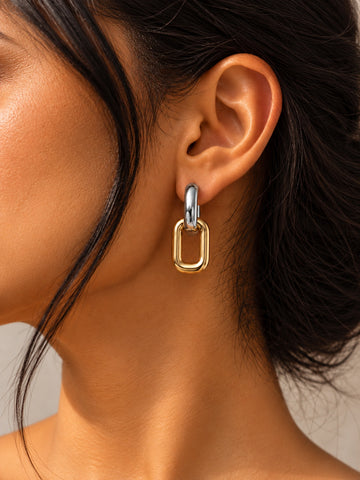 Niska dual-tone rectangular link earrings worn on model – ER26N10245
