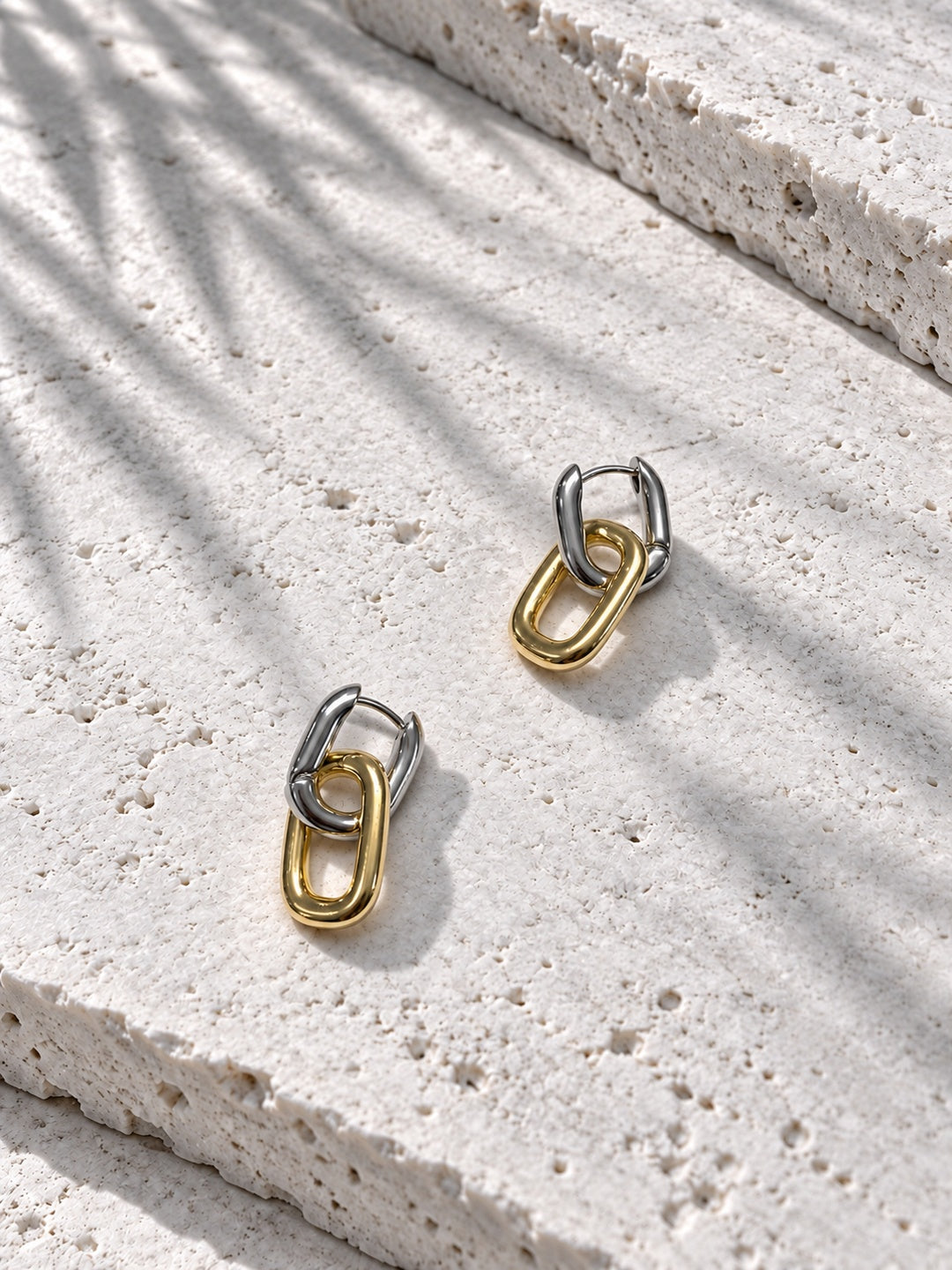 Niska dual-tone rectangular link drop earrings, corrected colour and size, diagonal view – ER26N10245