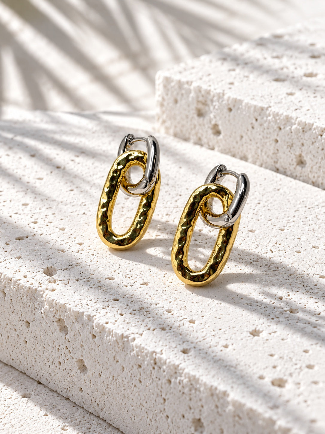 Niska two-tone hammered oval link hoop earrings – upright view