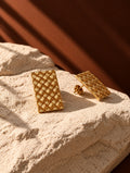 Gold woven rectangular earrings, alternate angle