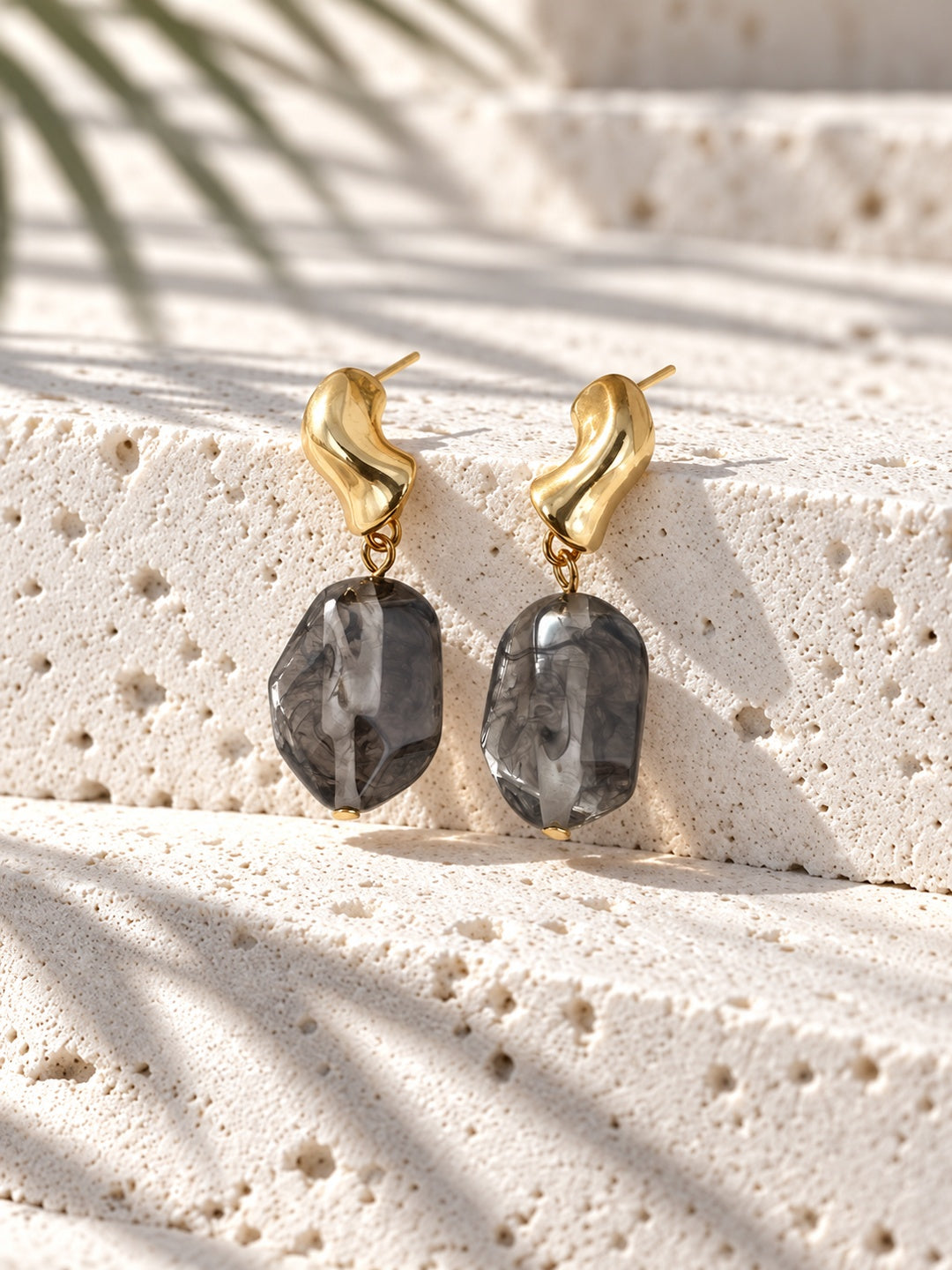 Niska smoky grey marbled resin drop earrings, product angle 2