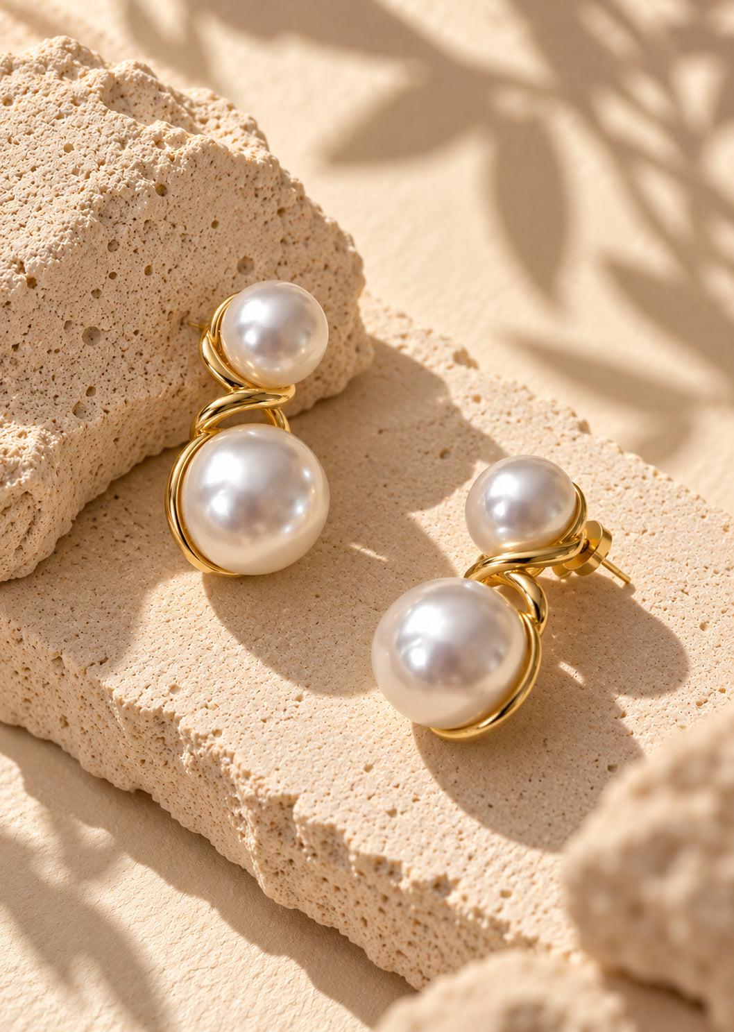 White pearl double-sphere earrings on textured stone backdrop