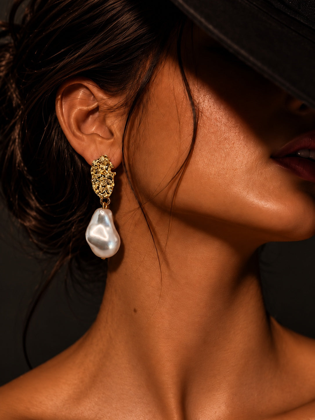 Textured gold tone baroque pearl drop earrings
