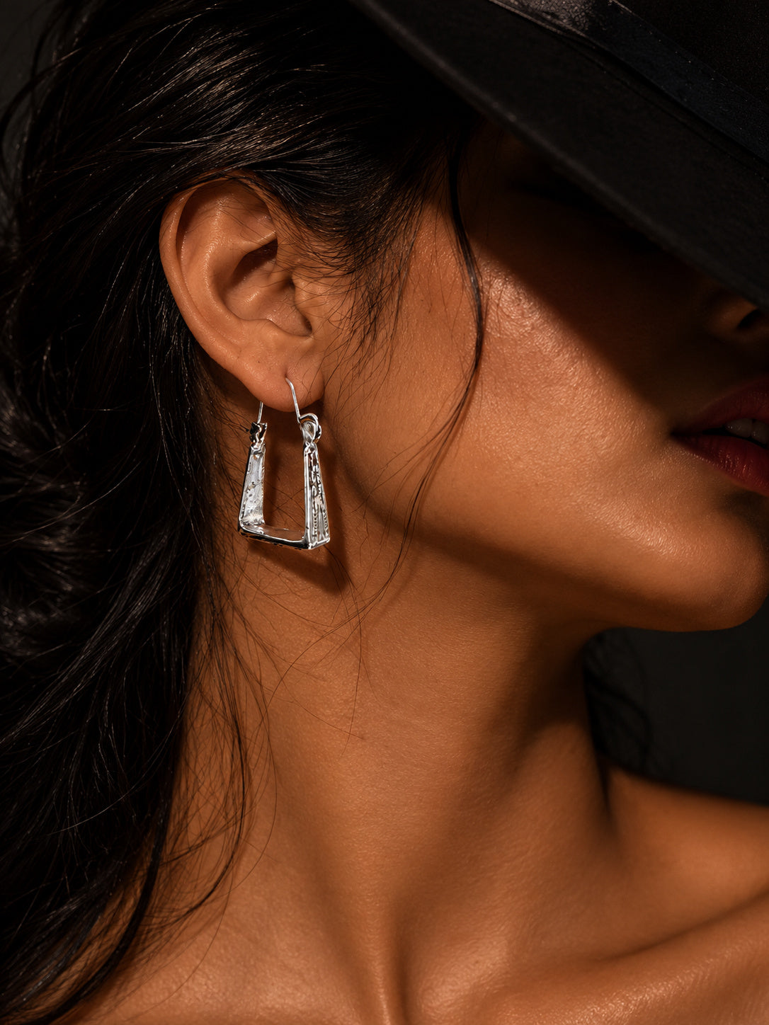 Silver-tone textured trapezoid hoop earrings