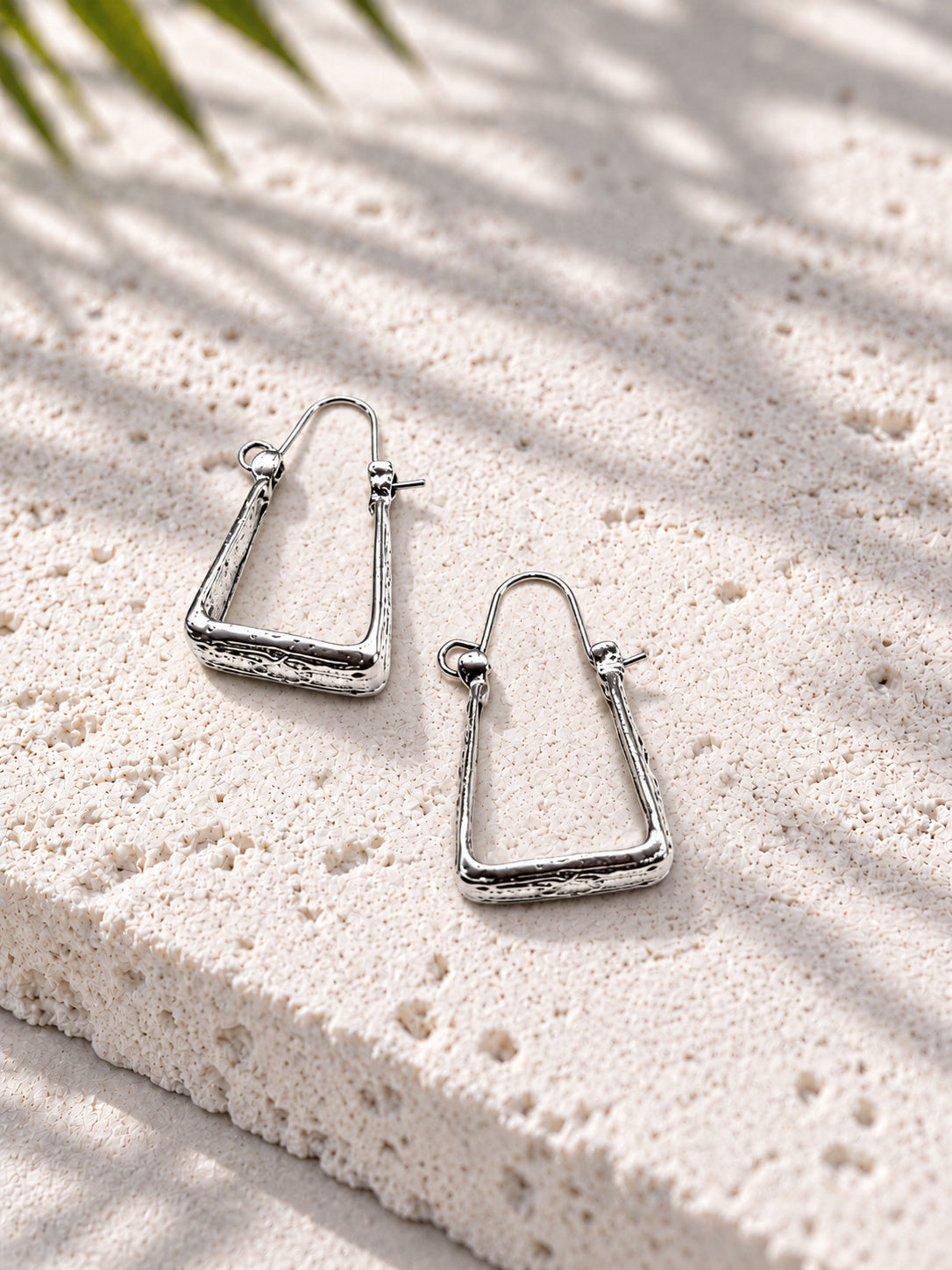 Silver-tone textured trapezoid hoop earrings