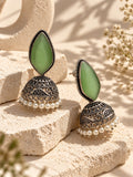 Monalisa green stone oxidized jhumka earrings angled view