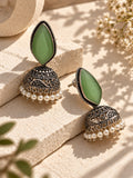 Monalisa green stone oxidized jhumka earrings styled view