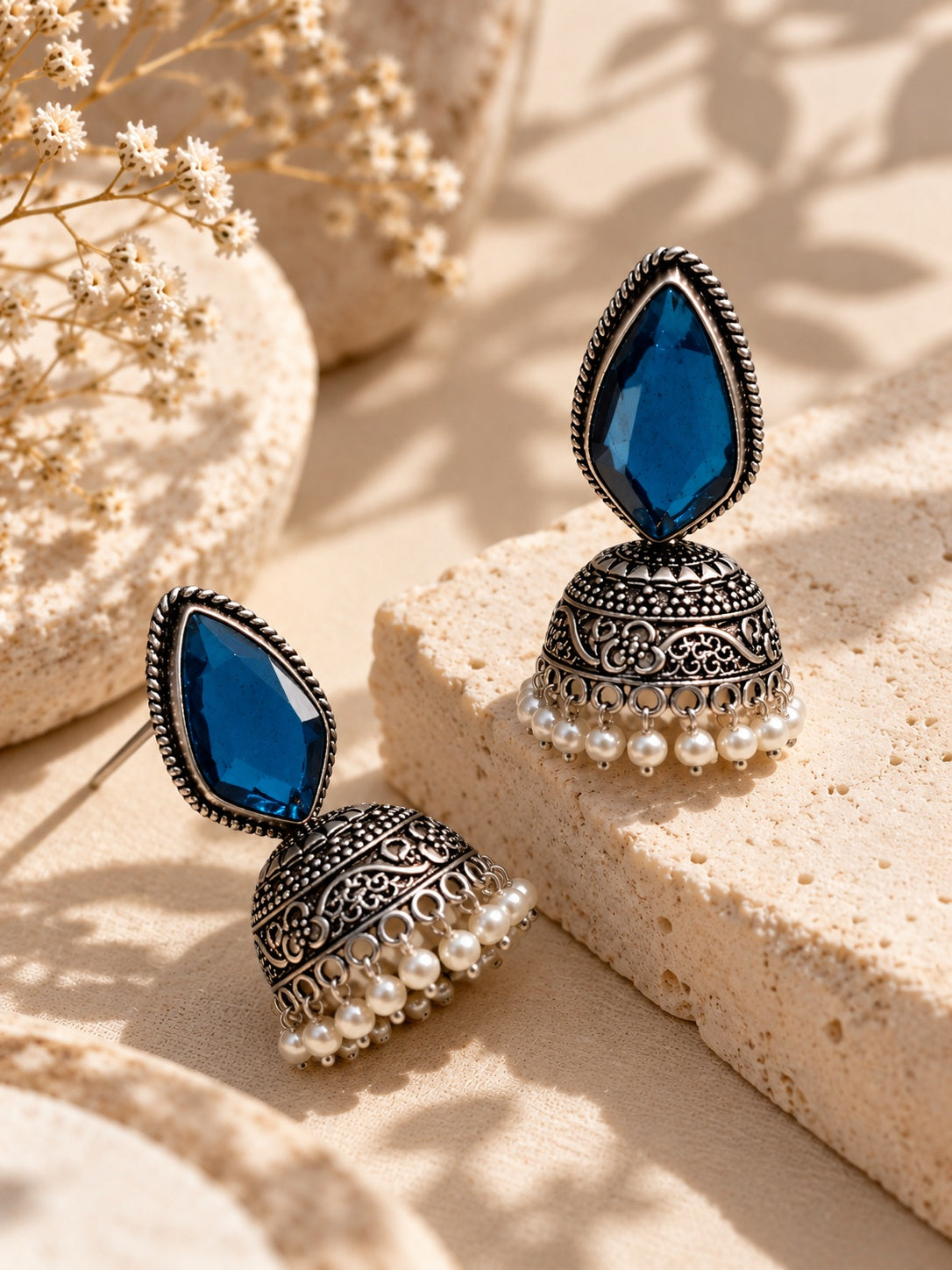 Monalisa blue stone oxidized jhumka earrings editorial