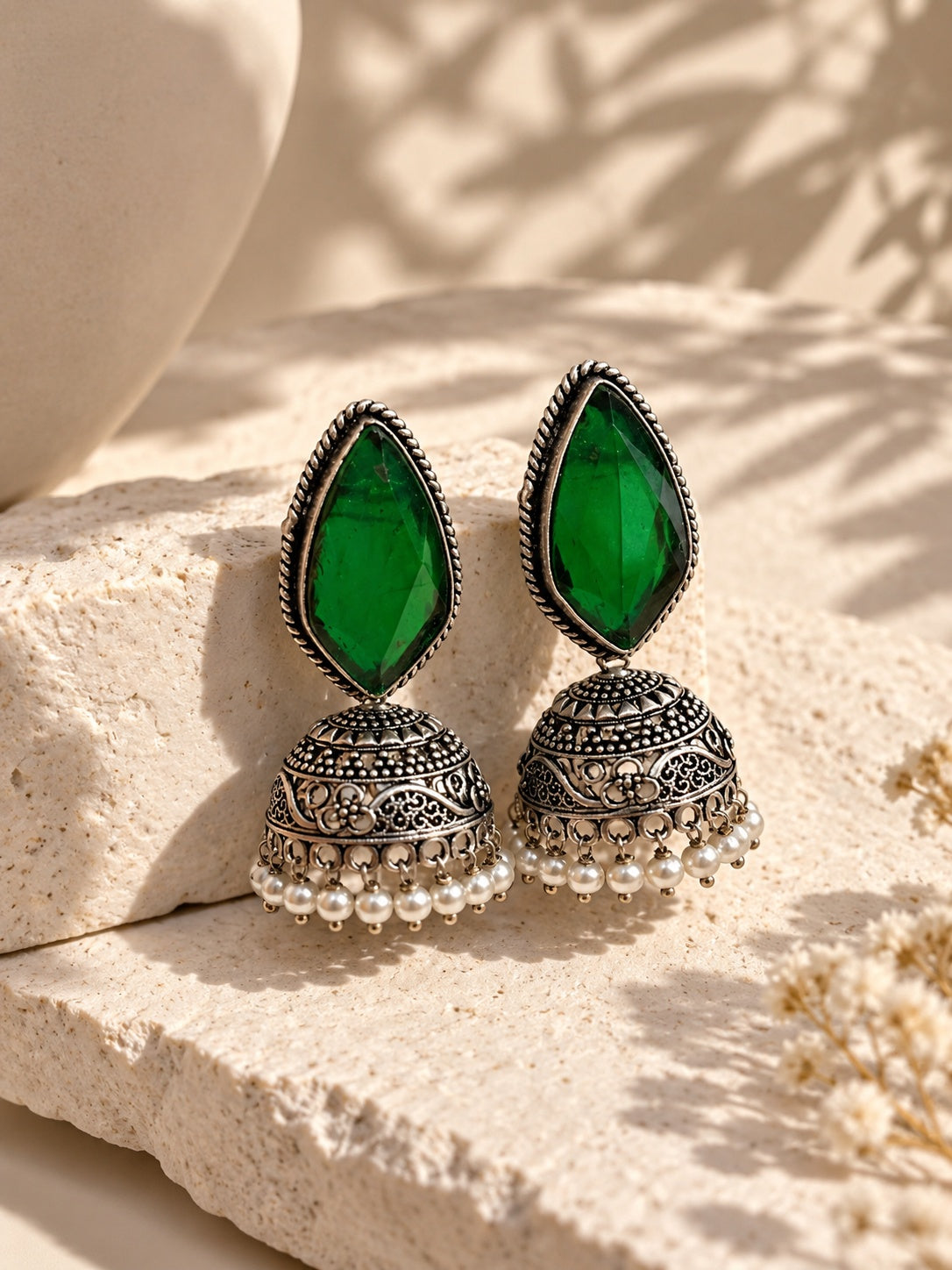 Monalisa green stone oxidized jhumka earrings