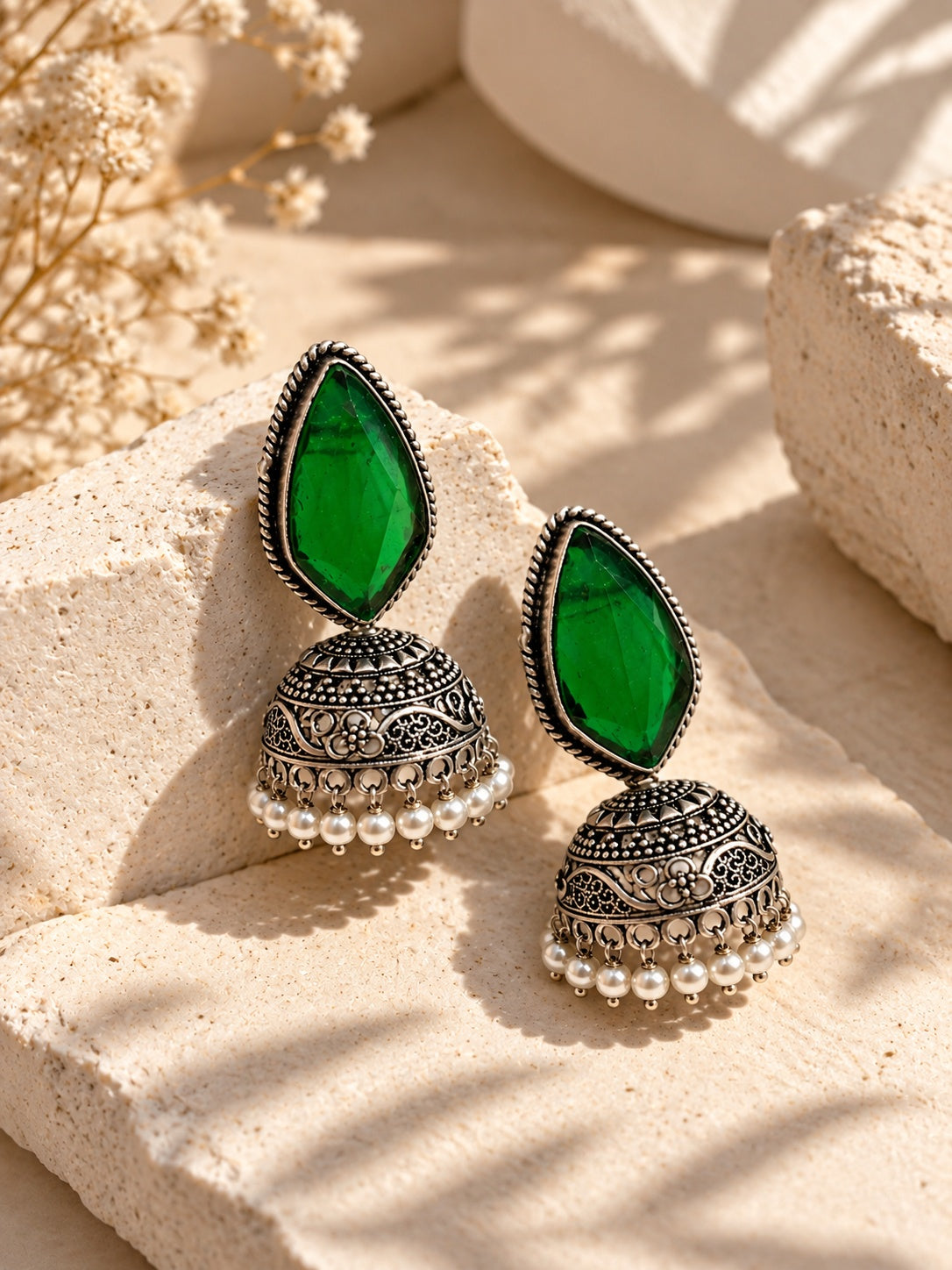 Monalisa green stone oxidized jhumka earrings