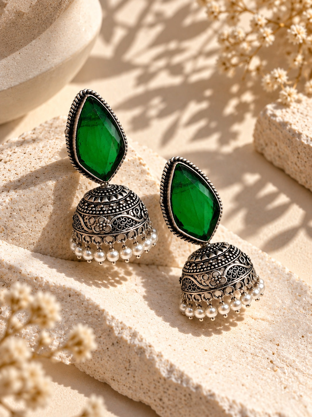 Monalisa green stone oxidized jhumka earrings