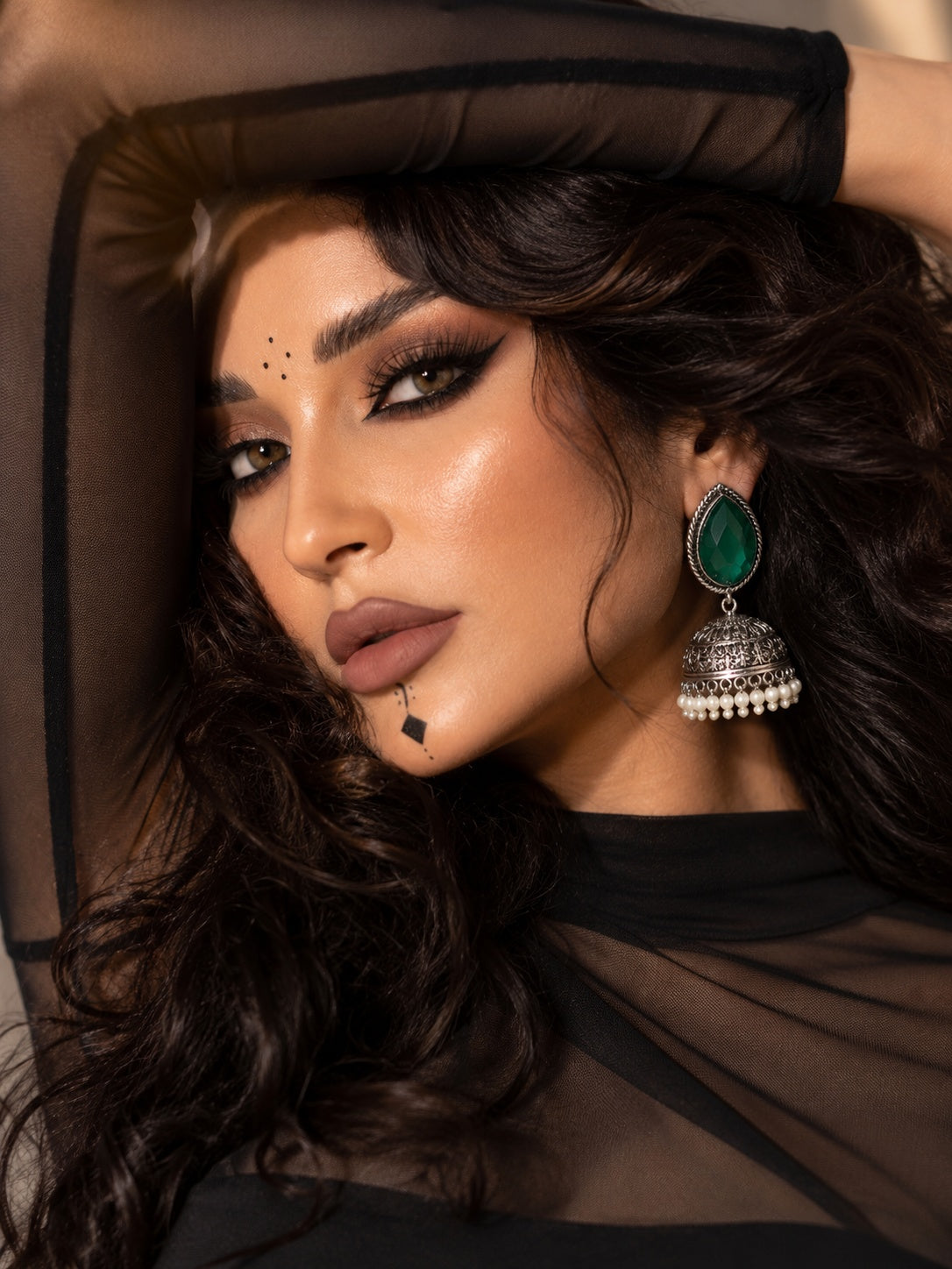 Monalisa green stone oxidized jhumka earrings