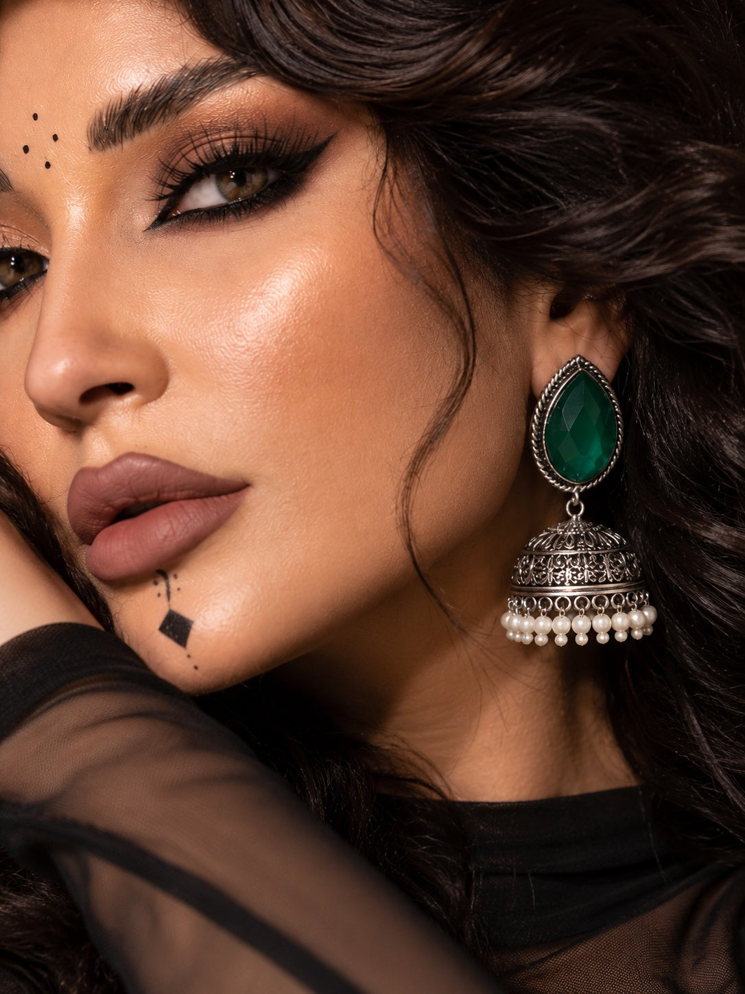 Monalisa green stone oxidized jhumka earrings
