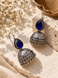Monalisa Blue Stone Oxidized Jhumka Earrings flatshot angle 3