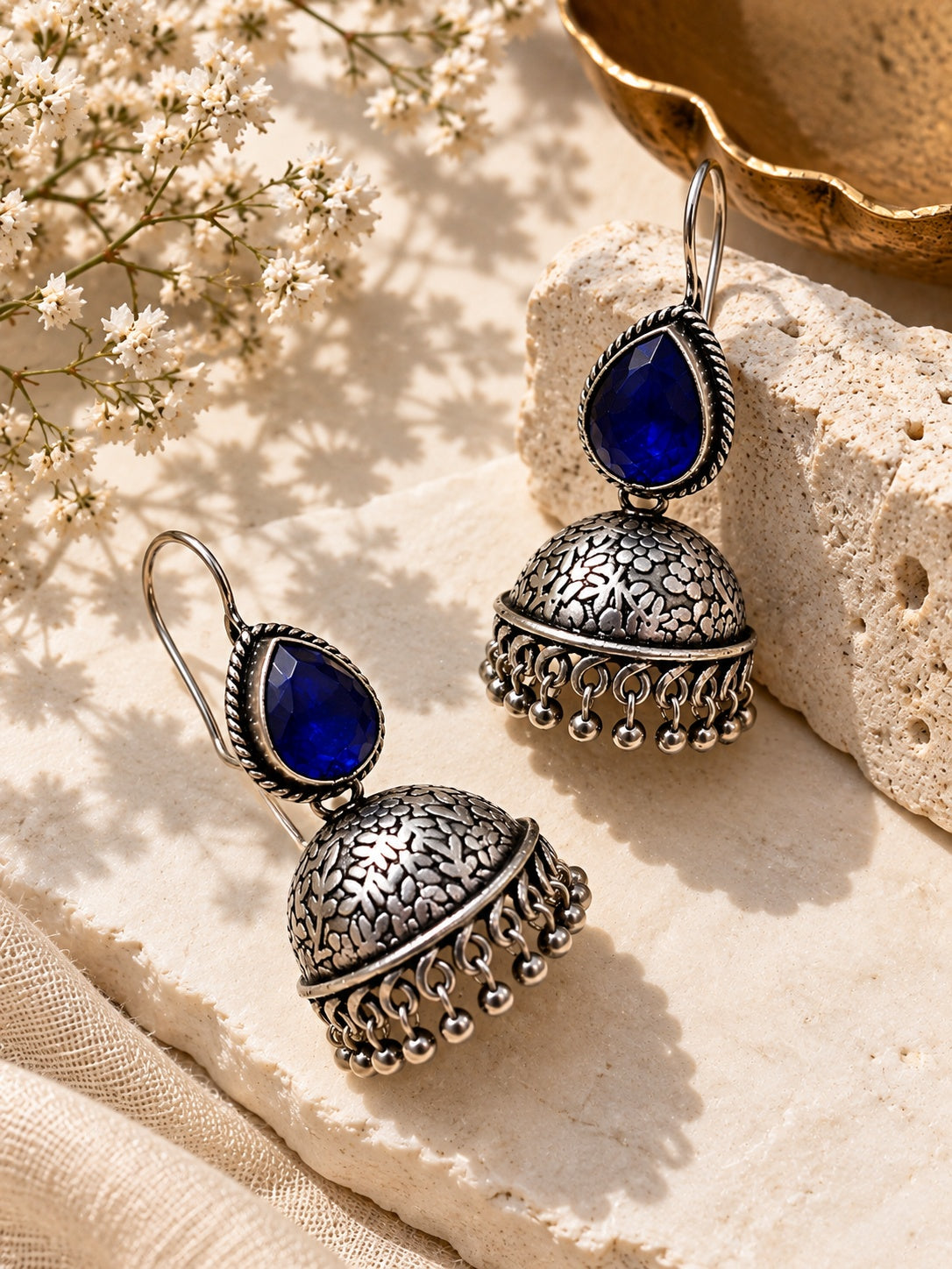 Monalisa Blue Stone Oxidized Jhumka Earrings flatshot angle 3