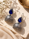 Monalisa Blue Stone Oxidized Jhumka Earrings flatshot angle 2