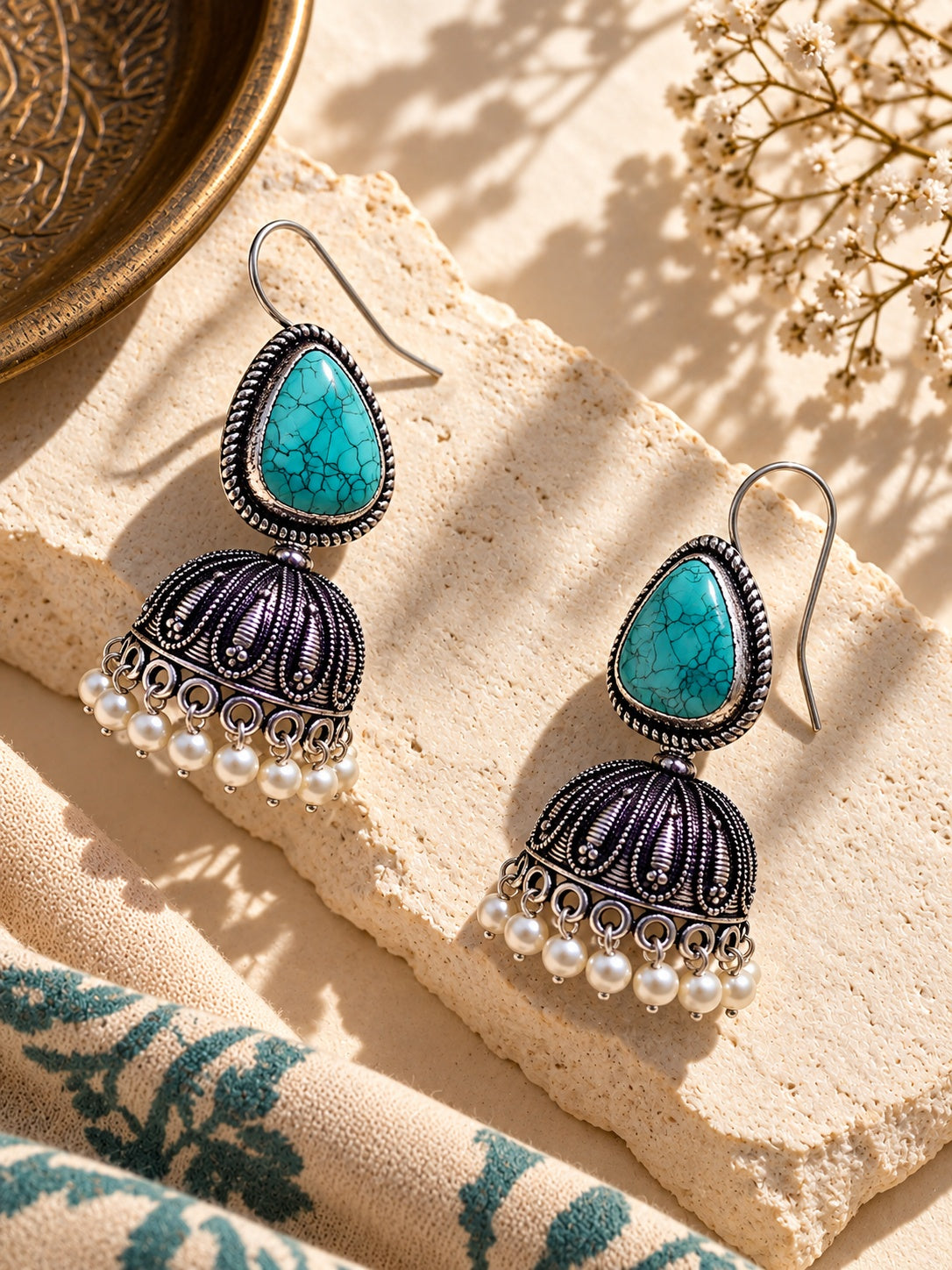 Monalisa turquoise stone oxidized jhumka earrings