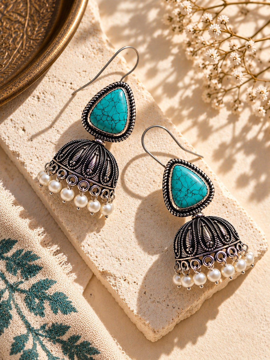 Monalisa turquoise stone oxidized jhumka earrings