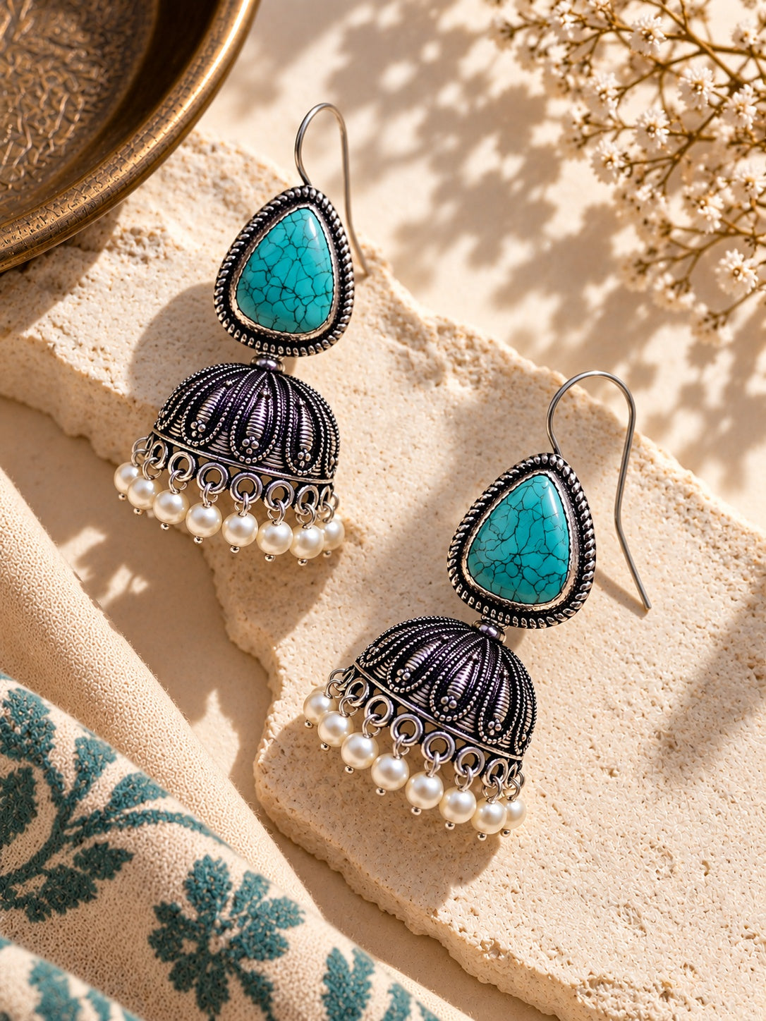 Monalisa turquoise stone oxidized jhumka earrings