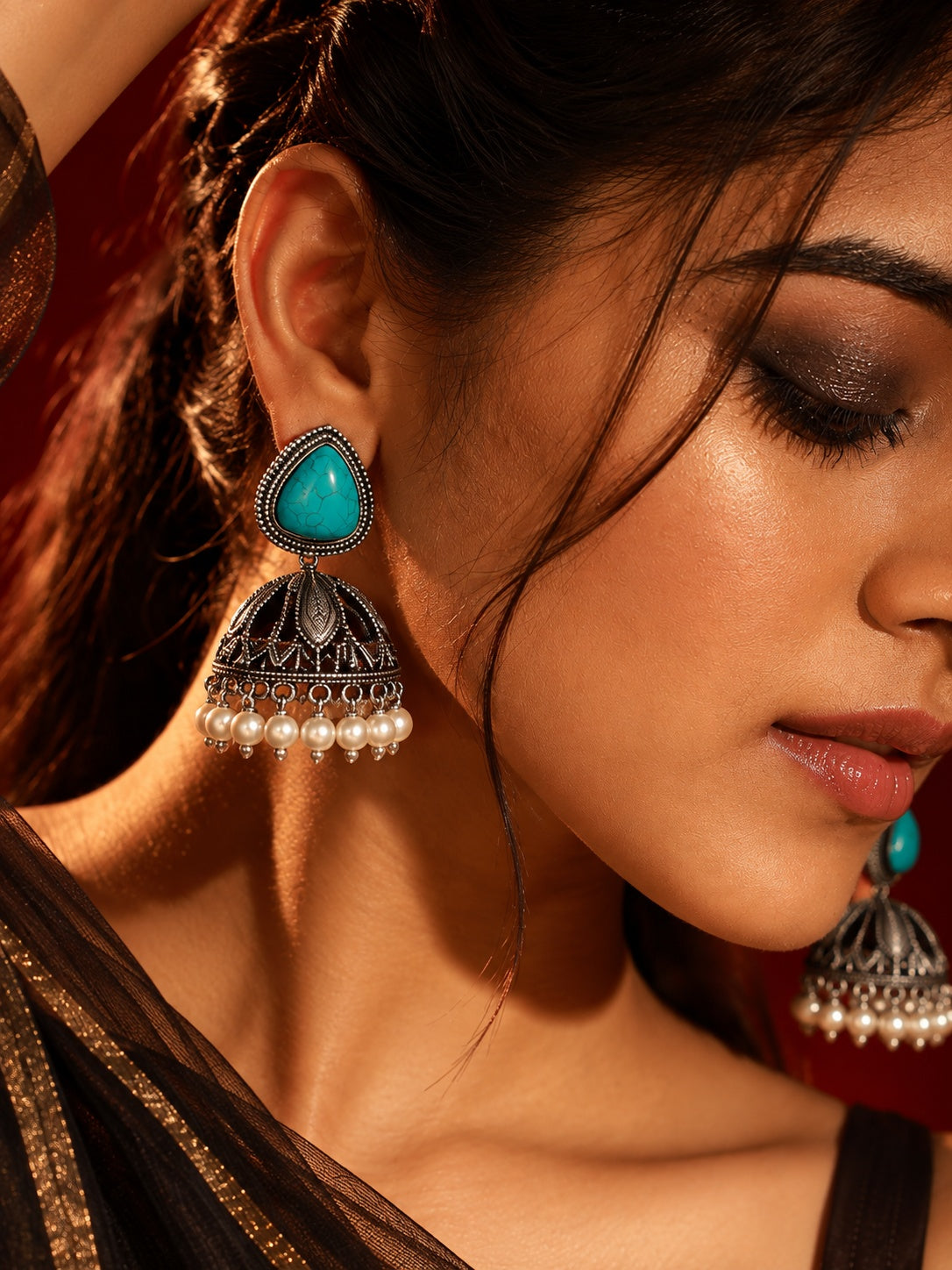 Monalisa turquoise stone oxidized jhumka earrings
