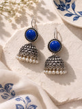 Monalisa blue stone oxidized silver jhumka earrings