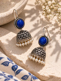 Monalisa blue stone oxidized silver jhumka earrings