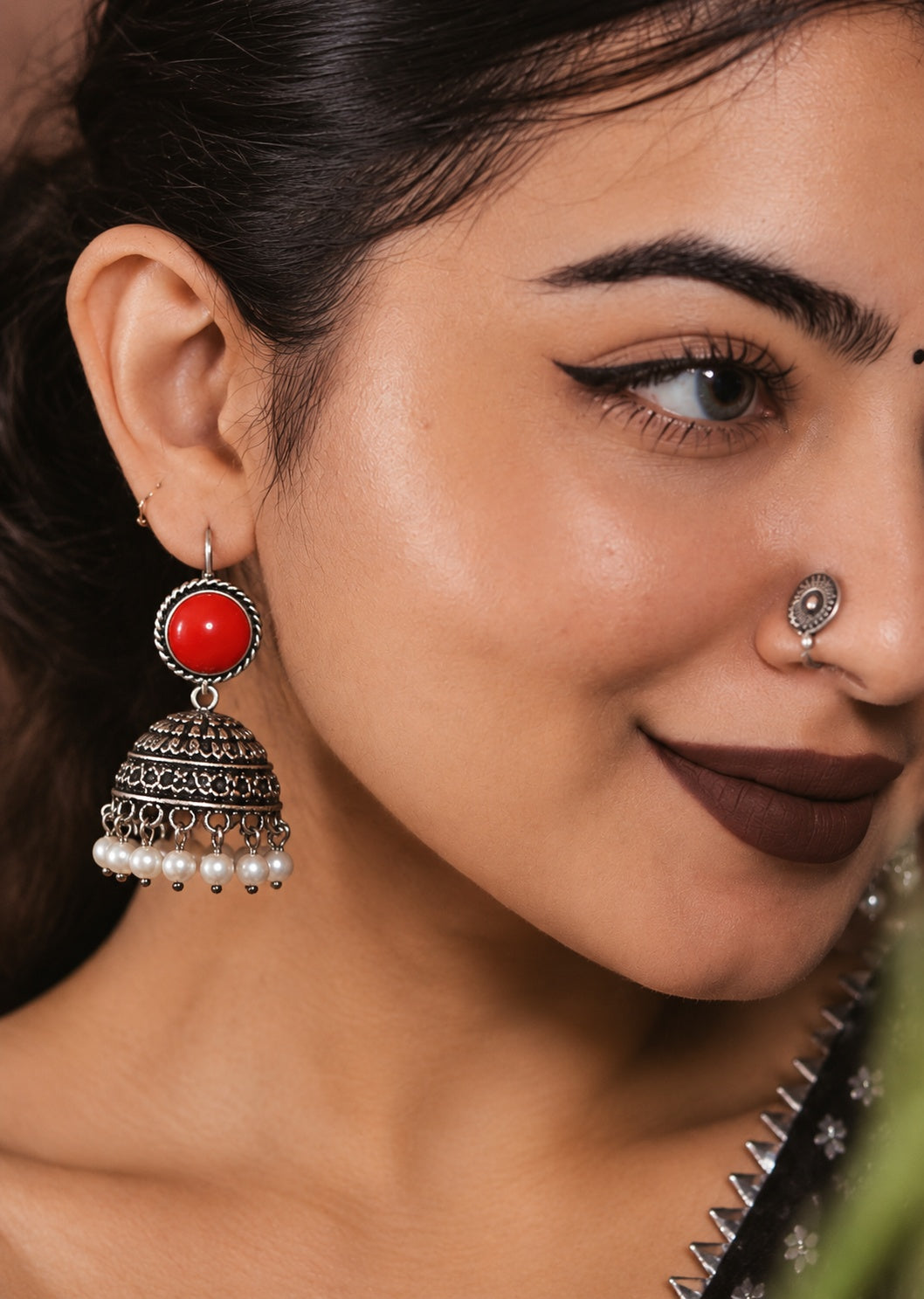 Monalisa red stone oxidised silver jhumka earrings