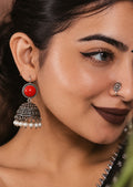 Monalisa red stone oxidised silver jhumka earrings