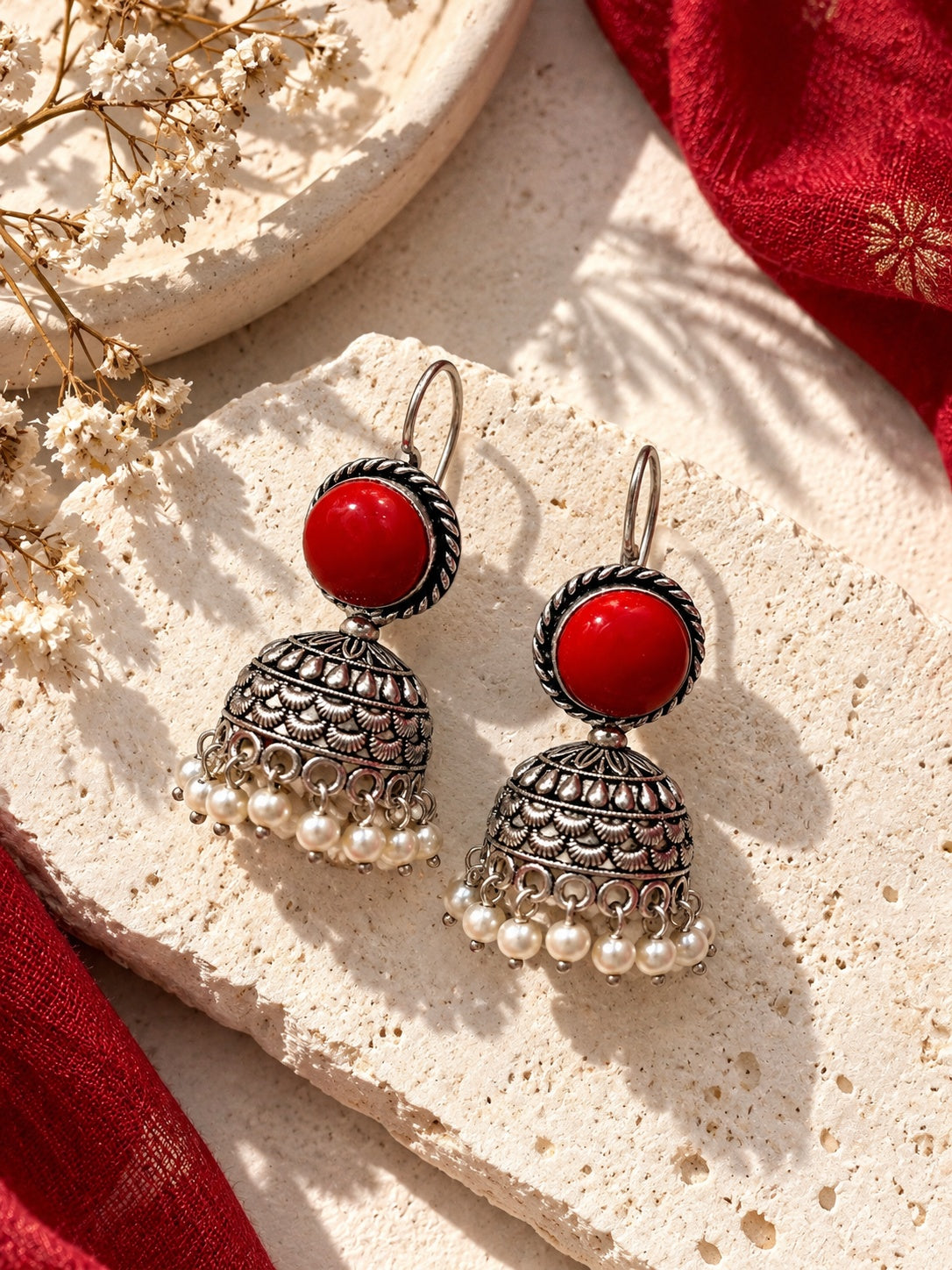 Monalisa red stone oxidised silver jhumka earrings