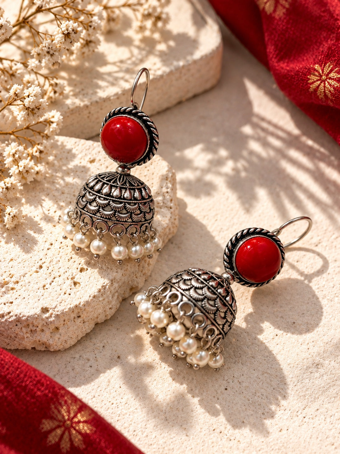 Monalisa red stone oxidised silver jhumka earrings