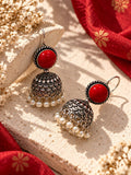 Monalisa red stone oxidised silver jhumka earrings