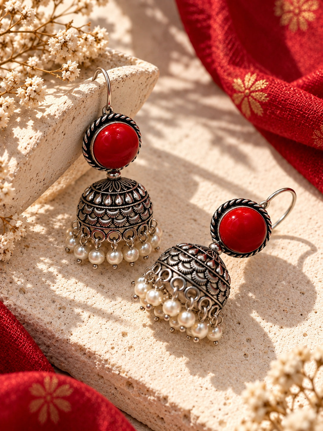 Monalisa red stone oxidised silver jhumka earrings