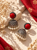 Monalisa red stone oxidised silver jhumka earrings