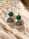 Monalisa green stone oxidised silver jhumka earring