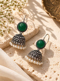 Monalisa green stone oxidised silver jhumka earring