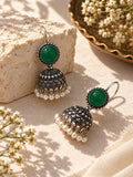 Monalisa green stone oxidised silver jhumka earring