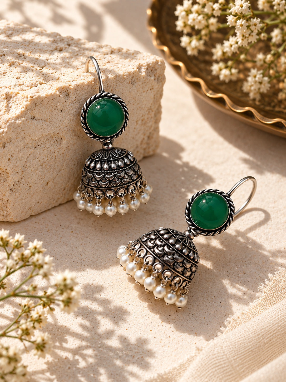 Monalisa green stone oxidised silver jhumka earring