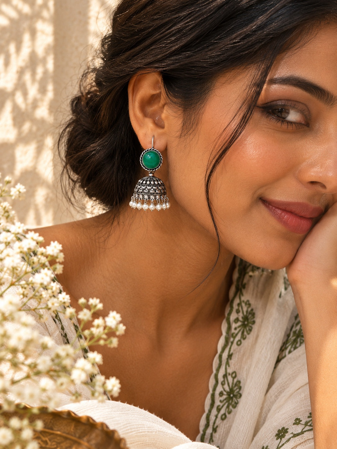 Monalisa green stone oxidised silver jhumka earring