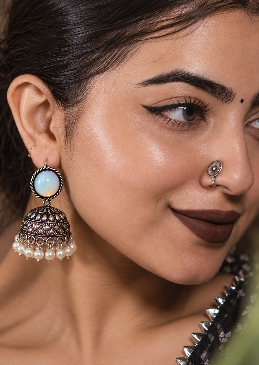 Monalisa oxidized silver jhumka worn by model
