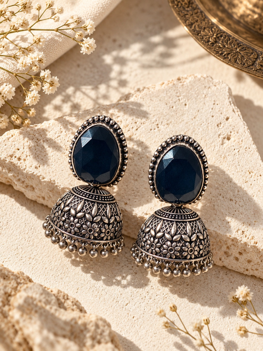 Monalisa Stone Silver Replica Jhumka - editorial angle 1
